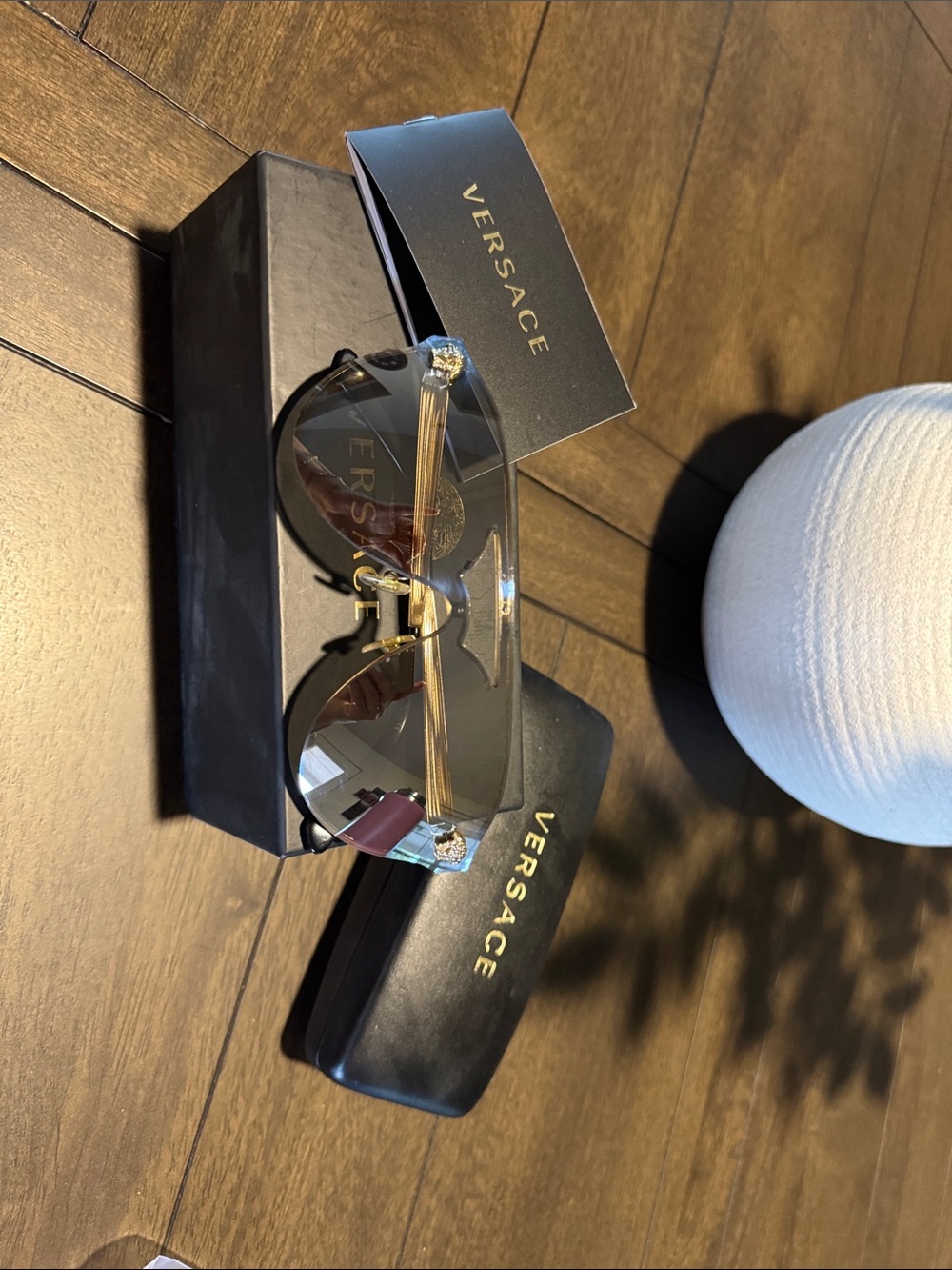 Versace Black and Gold Rimless Shield Sunglasses